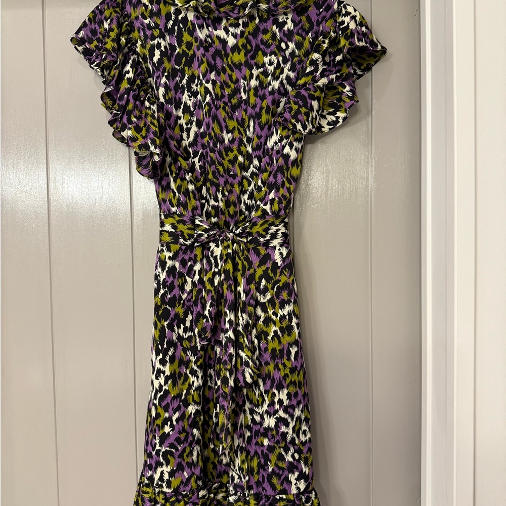 Milly of New York Silk Abstract Animal Print Ruffle Flutter Sleeve Dress 8 - Picture 4 of 16